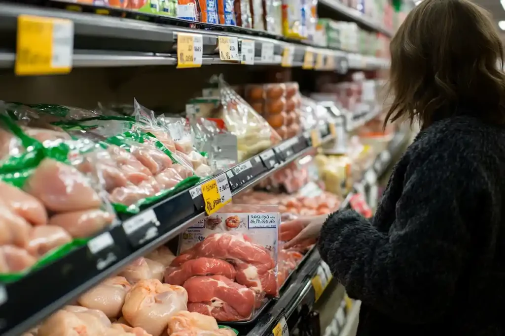 why is chicken breast so cheap - grocery store aisle with chicken breast packages and price comparisons