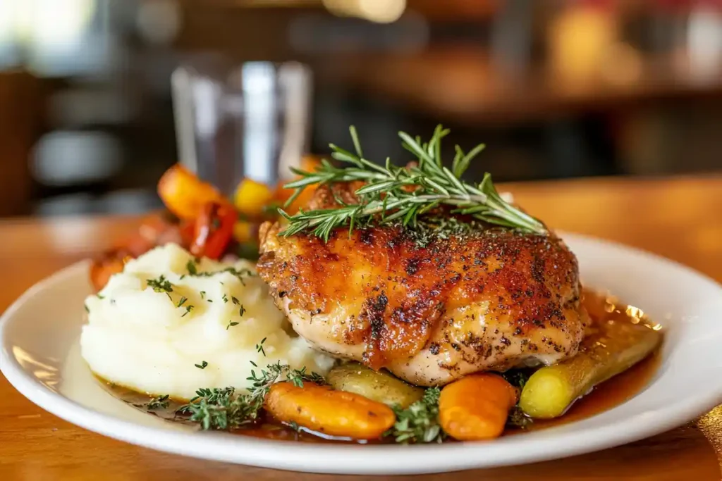 Galena chicken recipe served with mashed potatoes and roasted vegetables