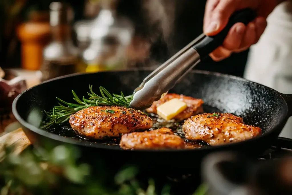 Galena chicken recipe cooking in a cast-iron skillet with rosemary and butter