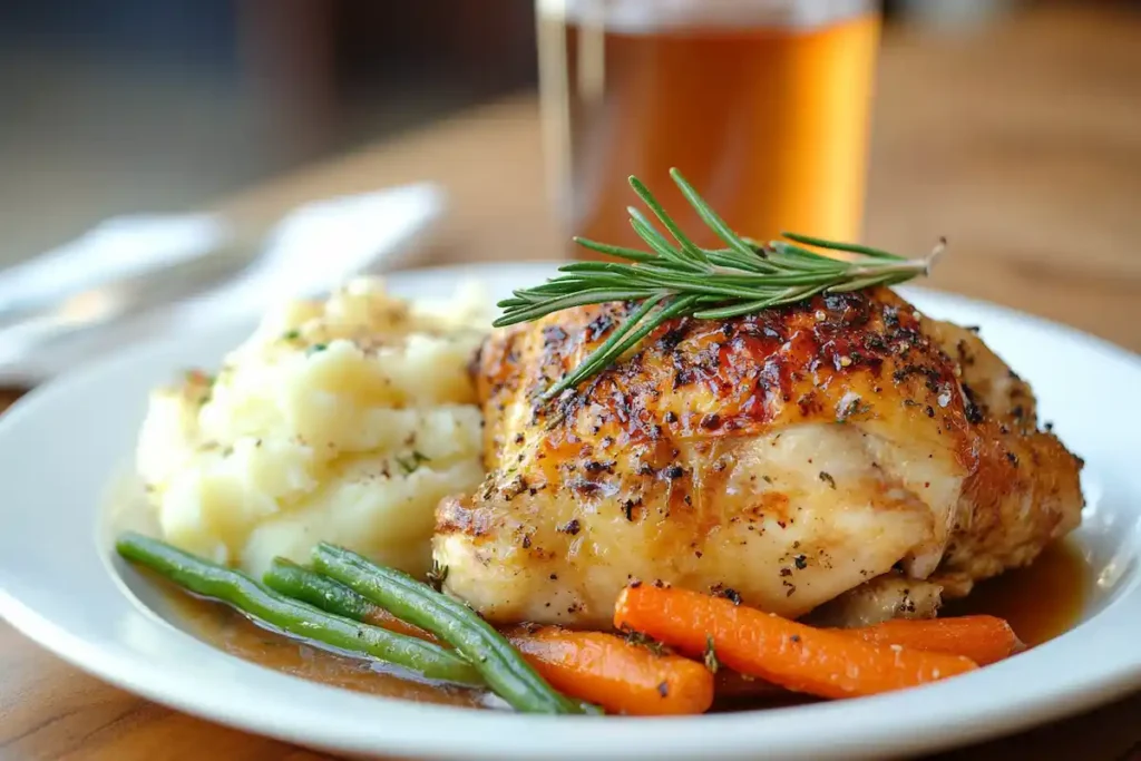Galena chicken recipe plated with mashed potatoes and roasted vegetables