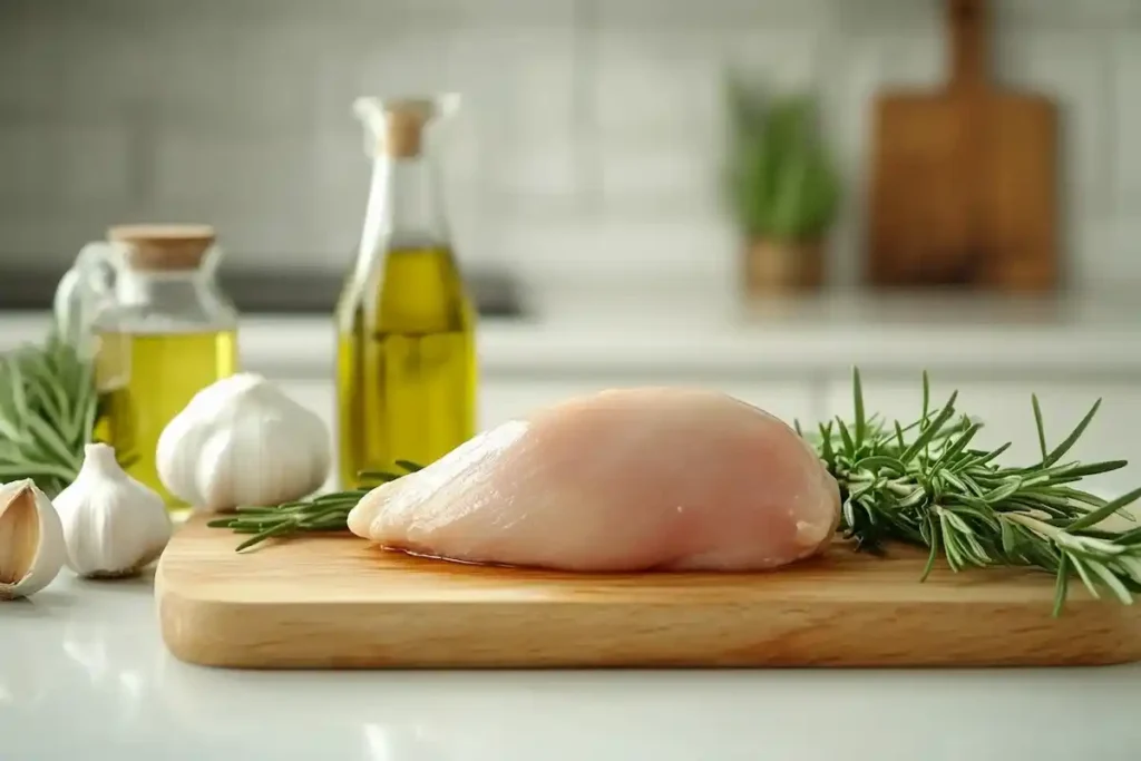 why is chicken breast so cheap - fresh raw chicken breast on a wooden cutting board with cooking ingredients in a rustic kitchen setting