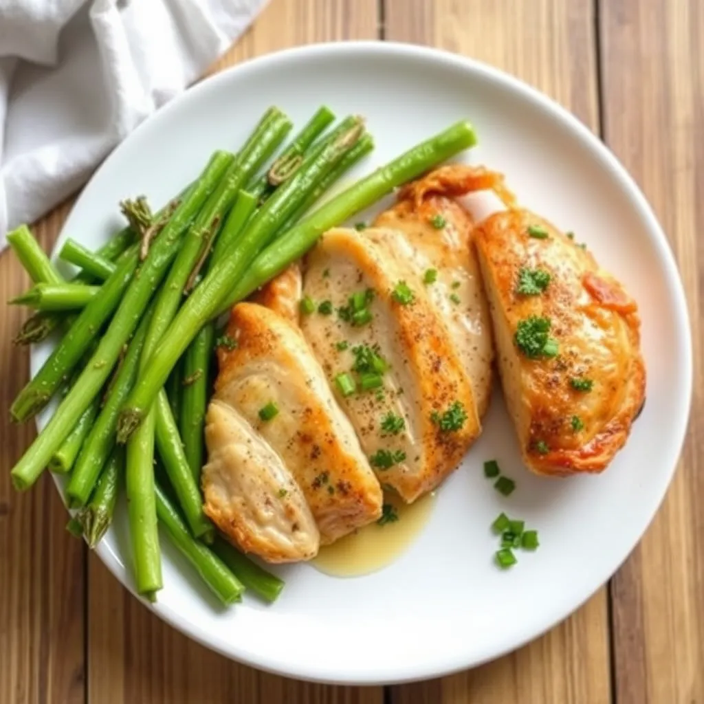 Juicy grilled chicken breast with fresh asparagus on a white plate, garnished with chopped herbs