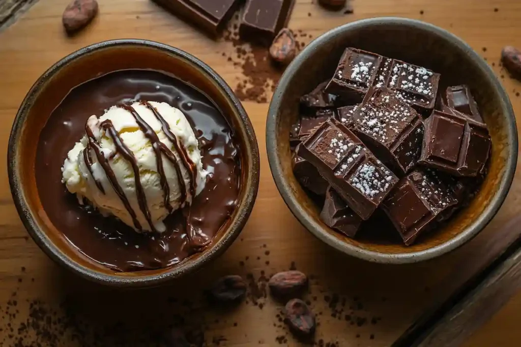 Chocolate Sauce and Chocolate Fudge displayed in a dessert setup.