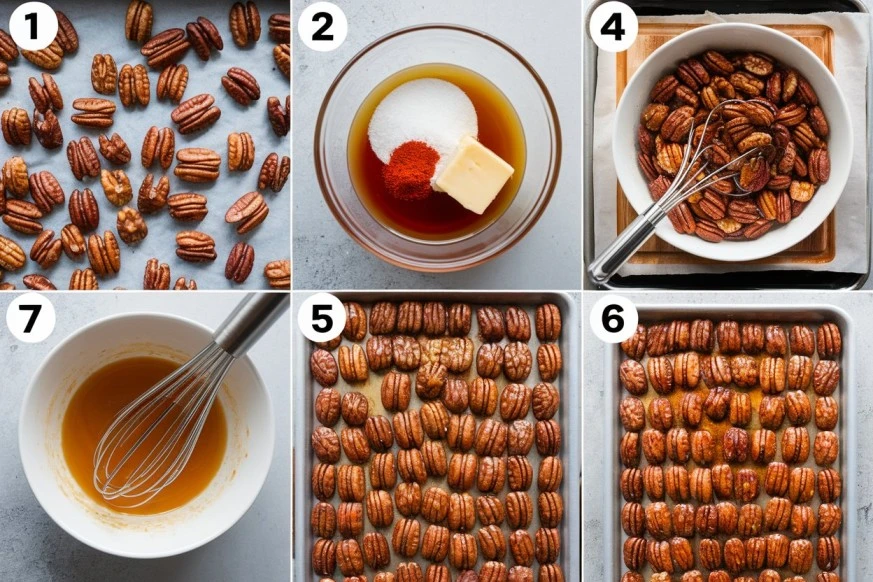 Bourbon infused pecans with cayenne pepper Recipe served in a rustic bowl