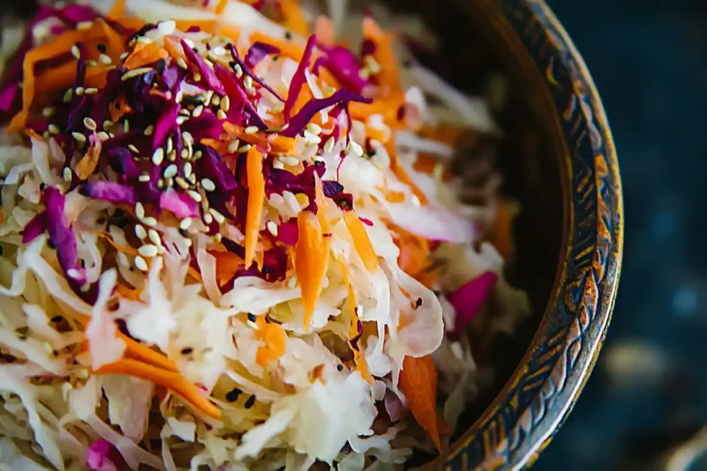 Colorful sauerkraut with added apples, carrots, and spices for enhanced flavor.