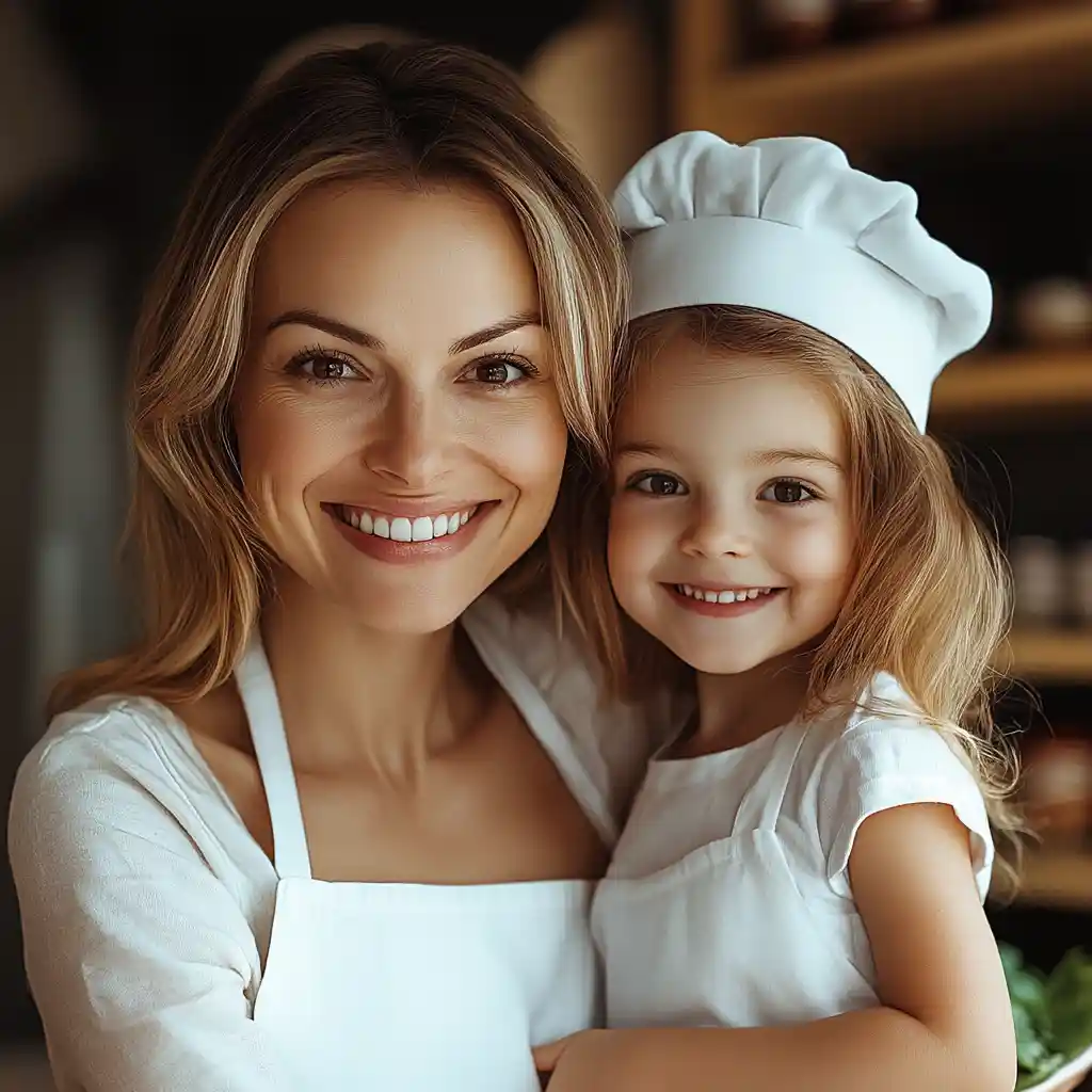 Maggie and her daughter smiling in white aprons and a chef’s hat, representing Smarts Recipes.