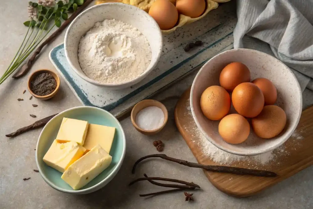 What is the world's most famous cake? Fresh cake ingredients arranged on a rustic countertop