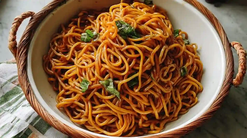 5 ingredient lo mein recipe with scallions and soy glaze