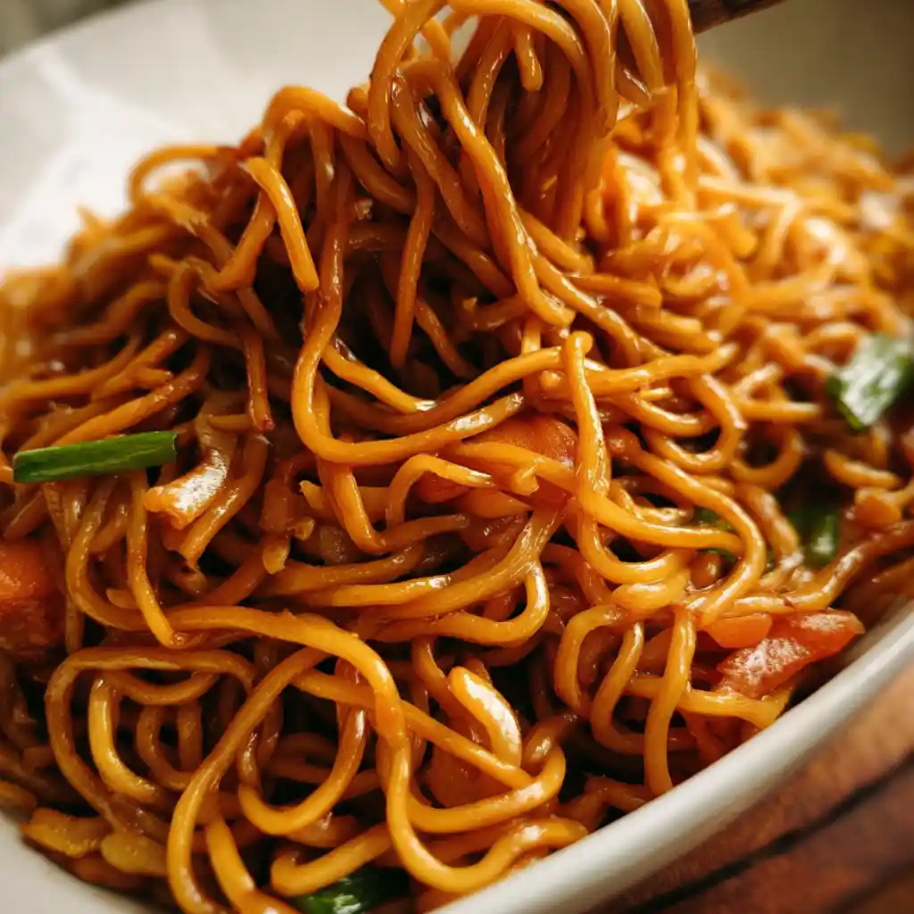 5 ingredient lo mein served in a white bowl
