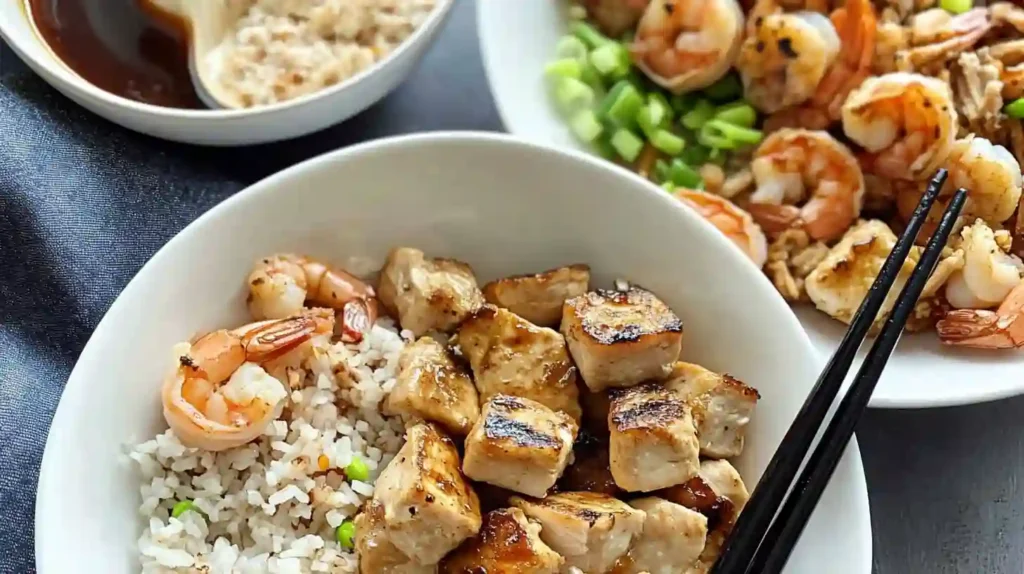 hibachi chicken and shrimp with rice and dipping sauce