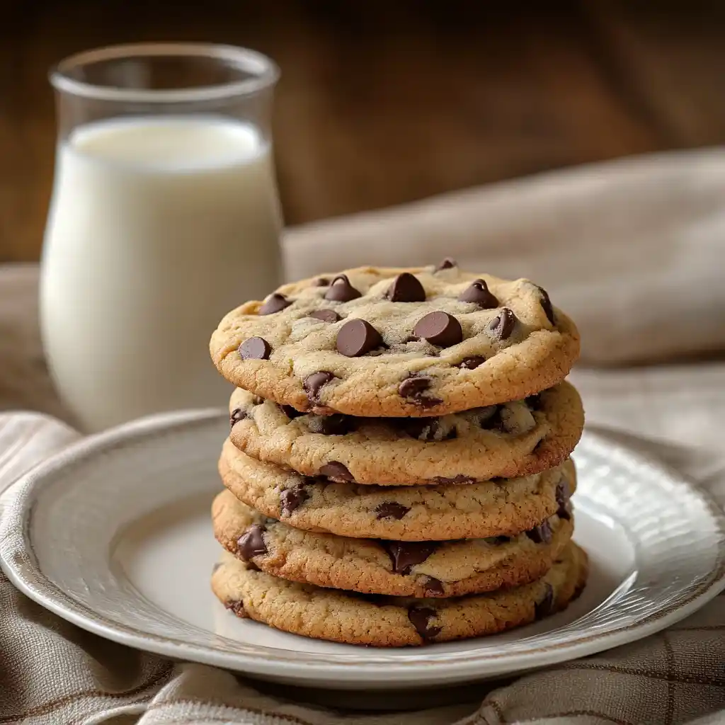 stacked 5 ingredient easy chocolate chip cookies ready to serve